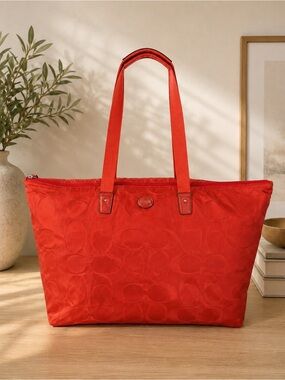 Coach Signature Nylon Tote Bag Bright Coral Orange Large Zip Top Shoulder Bag
